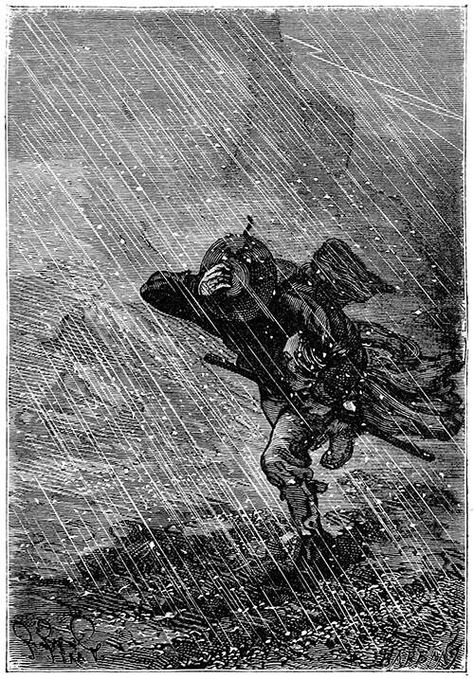 A man wearing a hat walks against the wind in a hail storm Mysterious Island, The Mysterious Island, Storm Art, Artistic Pictures, Line Sketch, Walking In The Rain, Jules Verne, Amazing Drawings, Black And White Illustration