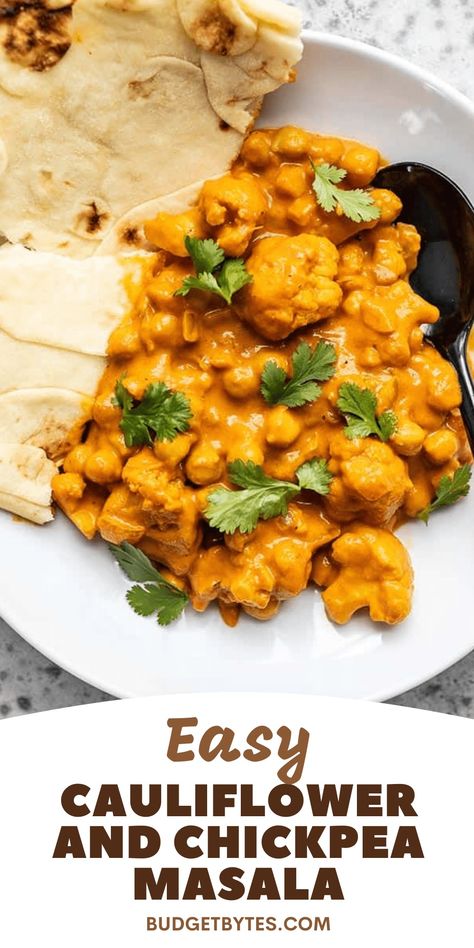 This super easy, ultra creamy, and heavily spiced Cauliflower and Chickpea Masala will be your new favorite weeknight dinner! So much flavor, so little effort. Cauliflower Chickpea Curry, Cauliflower Masala, Cauliflower And Chickpea Curry, Chickpea Masala, Cauliflower Chickpea, Veg Curry, Spiced Cauliflower, Budget Bytes, Easy Cauliflower