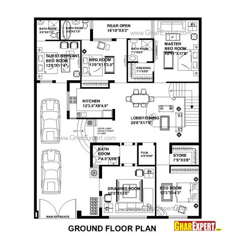 House Plan for 48 Feet by 58 Feet plot (Plot Size 309 Square Yards) - GharExpert.com Home Planing, Square Backyard, Backyard Plans, Plot Plan, Building Design Plan, Backyard Plan, Two Storey House, House Arch Design, Arch Design