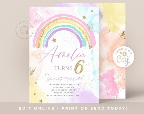 Whimsical Kids Birthday Invites Rainbow Party Invitations, Rainbow Invitation, Birth Poster, Rainbow Birthday Invitations, Rainbow Invitations, Mermaid Cake Topper, Colorful Invitations, Mermaid Invitations, Flamingo Birthday