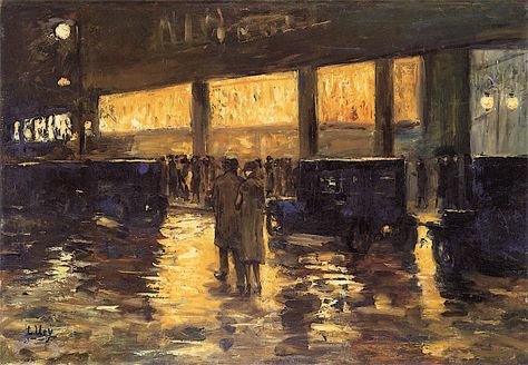 In Front of the Cafe by Lesser Ury - circa 1920-1929 Lesser Ury, Les Nabis, Turner Painting, Henri De Toulouse Lautrec, Childe Hassam, Night Landscape, Water Reflections, Paul Cezanne, Pierre Auguste Renoir