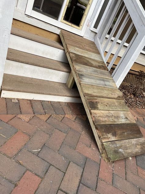 Our new puppy is learning to use the indoor ramps I made...Project and picture of my dog are over here at this project:https://www.hometalk.com/44366370/homemade-dog-ramp I decided to put one outback, to allow her to run outside and come back and bark to be let back in.... since it is too cold to wait with her 4x a day.Here is what I am dealing with... We have a dog door already. I wanted something on the hinge side so eventually she could just use the dog door. For now I have the fl Outdoor Dog Ramp, Dog Ramp For Stairs, Dog Ramp Diy, Ramp Ideas, Duck Garden, Wooden Ramp, Porch Stairs, Ramp Design, Outside Dogs