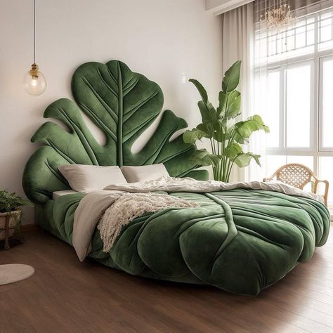 Green Bed Ideas, Whimsy Interior, Leaf Bedroom Decor, Funky Bed, Cool Bed Frames, Bed Frame Ideas, Unique Bed Frames, Leaf Furniture, Beautiful Bedroom Inspiration