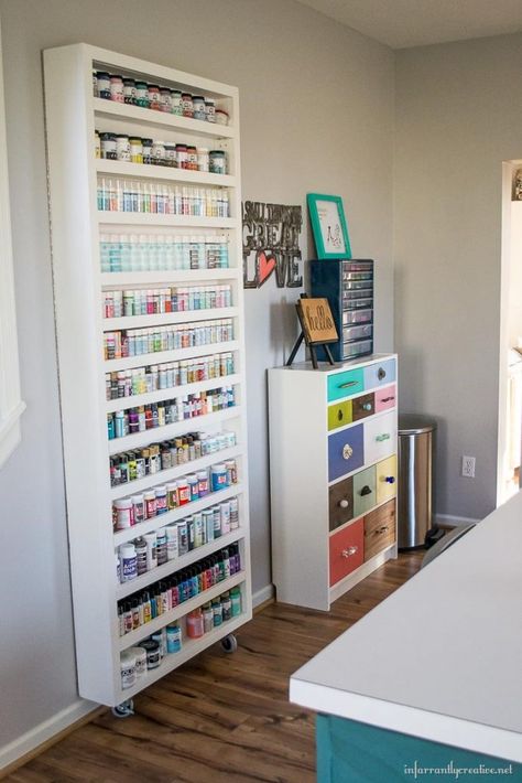 paint-storage-hidden-door Sewing Room Design Ideas, Craft Storage Ideas For Small Spaces, Small Craft Rooms, Sewing Room Design, Craft Room Design, Paint Storage, Small Space Organization, Dining Room Combo, Diy Craft Room