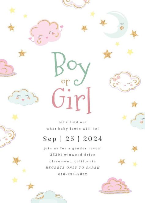 Sparkly Clouds - Invitación De revelación de género | Greetings Island Gender Reveal Invitations Template Free, Gender Reveal Invitations Template, Greetings Island, Gender Party, Gender Reveal Invitations, Gender Reveal, Invitation Design, Invitation Template, Boy Or Girl