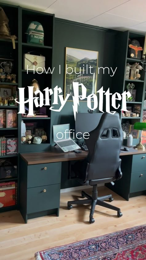 Jennifer | MAGICAL MISCHIEF ϟ - Harry Potter content creator | How I built my Slytherin office! 🐍 The most questions I get about my room are the paint color and where the wallpaper is from so I figured... | Instagram Harry Potter Home Office Ideas, Harry Potter Inspired Office, Harry Potter Paint Colors, Harry Potter Office Theme, Slytherin Office, Harry Potter Office Decor, Harry Potter Color Palette, Pinterest Apartment, Harry Potter Desk