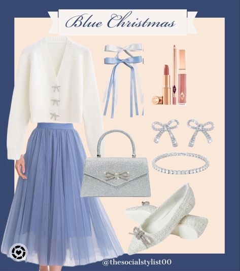 Christmas outfit, holiday outfit, holiday dress, preppy, feminine style White And Blue Christmas Outfit, Blue And White Christmas Outfit, Pastel Christmas Outfit, Elegant Christmas Outfit Classy, Blue Christmas Outfit, Christmas Outfit Classy, Old Money Christmas, Office Christmas Party Outfit, Christmas Dinner Outfits