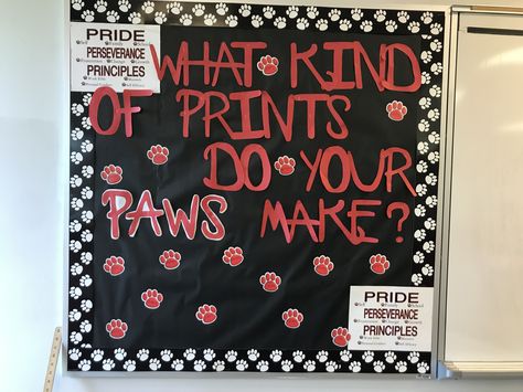 Bulletin Board idea for a high school classroom. It's a great way to show School pride and positive characteristics!! School Mascot Bulletin Boards, School Pride Bulletin Board, School Spirit Bulletin Boards, Instructional Facilitator, Character Bulletin Boards, Speech Bulletin Boards, Middle School Bulletin Boards, Staff Ideas, High School Bulletin Boards