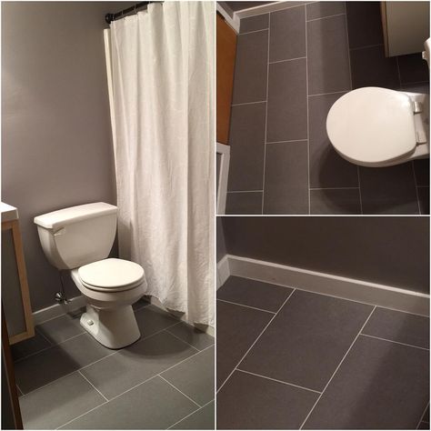 12x24 grey porcelain tile for the main bathroom. Wall color is Benjamin Moore; stormy Monday Benjamin Moore Stormy Monday, Bathroom Wall Color, Gray Porcelain Tile, Bathroom Walls, Main Bathroom, Benjamin Moore, Wall Color, Bathroom Wall, Porcelain Tile