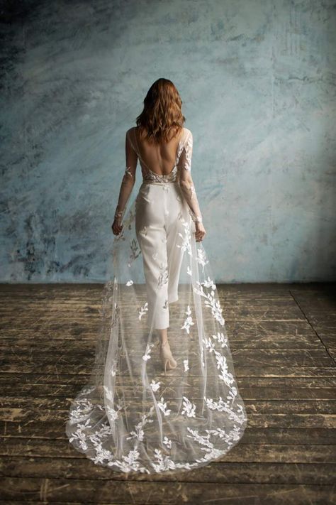 What can I wear instead of a wedding dress? Non-dress wedding outfits | Offbeat Bride Quirky Wedding Dress, Jumpsuit Wedding Dress, Unique Boho Wedding Dress, Wedding Dress Jumpsuit, Tulle Bodice, Vintage Wedding Dress Boho, Vintage Boho Wedding, Halter Wedding Dress, Wedding Dresses Uk