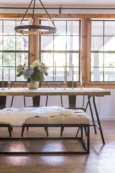 Cottage House Flip Rustic Dining Room, Metal Dining Table, House Decorations, Dining Table With Bench, Flipping Houses, Dining Room Inspiration, Farmhouse Dining Room, Wood Trim, Living Room Makeover