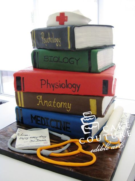 Medical school cake Nerd Cake, School Cakes, Cool Cakes, Medical Cake, Finish School, Doctor Cake, Nursing Cake, Nerdy Wedding, Book Cakes