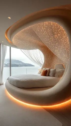 ↑↑↑ Larger size on website 🔸 A luxurious bedroom with a circular bed and a view of the ocean. The bed is situated within a curved Circular Beds, Circular Bed, Circle Bed, Cotton Dress Indian, Cozy Romantic, Distant Mountains, Curved Wall, Round Beds, Luxurious Bedroom