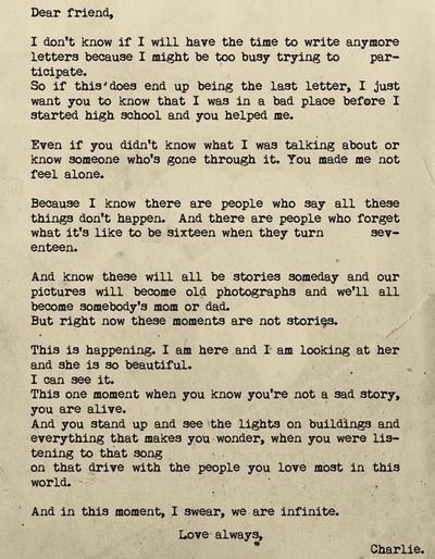 Charlie's Last Letter 💕 Perks Of Being A Wallflower Quotes, Wallflower Quotes, The Perks Of Being, Keep Your Chin Up, Perks Of Being A Wallflower, Favorite Book Quotes, Chin Up, Keep Smiling, Rib Tattoo