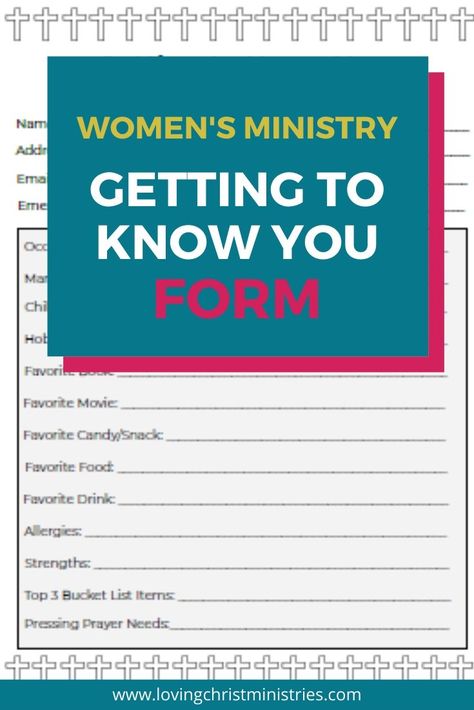 This Getting to Know You Form for Women's Ministry will help you gather information from your ministry group and get to know the ladies better. #gettoknowyou #gettingtoknowyou #womensministry #christianwomen #alovingchrist Retreat Planning, Christian Retreat, Christian Women's Ministry, Women's Retreat, Creative Retreat, Womens Conference, Pastors Wife, Church Ministry, Womens Retreat