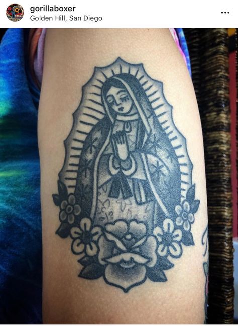 Virgin Mary Tattoo Traditional Black, Charro Traditional Tattoo, Our Lady Of Guadalupe American Traditional Tattoo, Rosary Tattoo Traditional, American Traditional Tattoos Virgin Mary, American Traditional Saint Tattoo, Our Lady Of Guadalupe Tattoo Traditional, Santa Maria Tattoo Designs, Mother Mary Traditional Tattoo