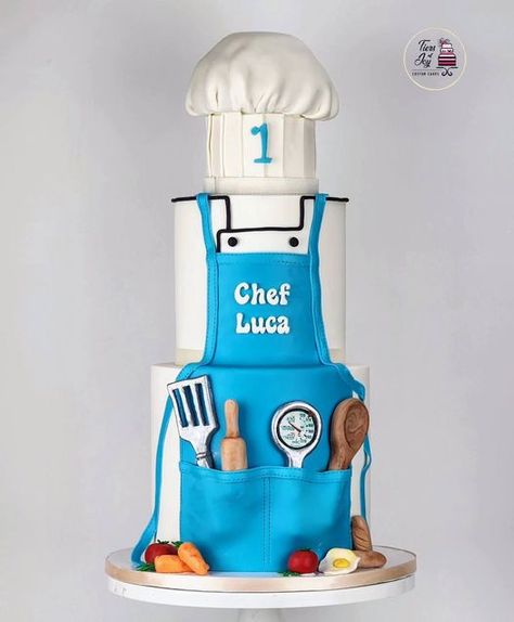 Birthday, Mulit-tier, Chef Cake, Baking Utensils, Blue, White - cake by Tiers of Joy, facebook Barney Cake, Fondant Cake Tutorial, Hot Wheels Cake, Cake Competition, Chef Cake, Dummy Cake, Baking Theme, Fondant Cake Designs, Gravity Cake