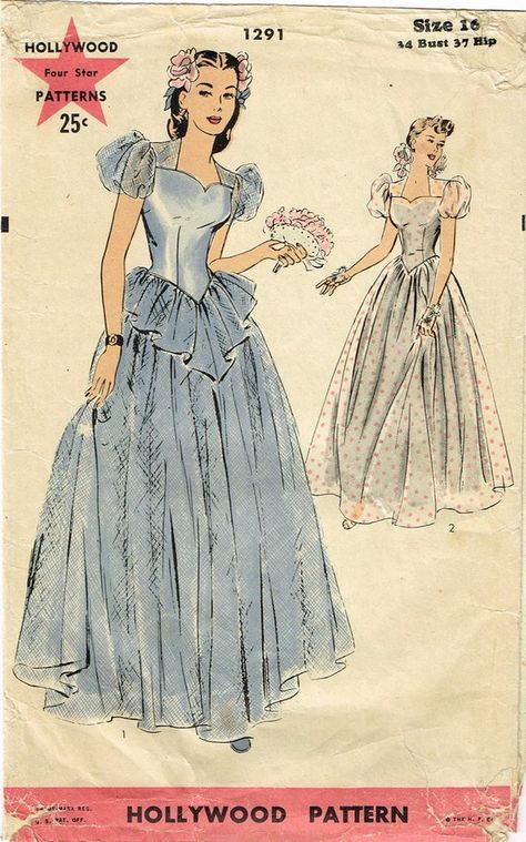 1940s Original Vintage Hollywood Pattern 1291 WWII Evening Gown Size 16 34 Bust Vintage Png Clothes, Hollywood Patterns, Vintage Clothes Patterns, Period Fashion, Victorian Gown, Patterns For Fashion, Vintage Vogue Patterns, Basque Waist, Patron Vintage