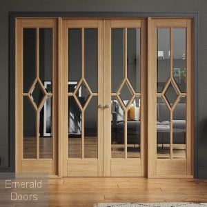 Double Door Room Divider With Side Panels | Emerald Doors French Doors With Sidelights, Internal Door Frames, Side Hinged Garage Doors, Oak Room, Internal Double Doors, Internal Oak Doors, Windows Design, Garage Door Styles, Internal Glass Doors