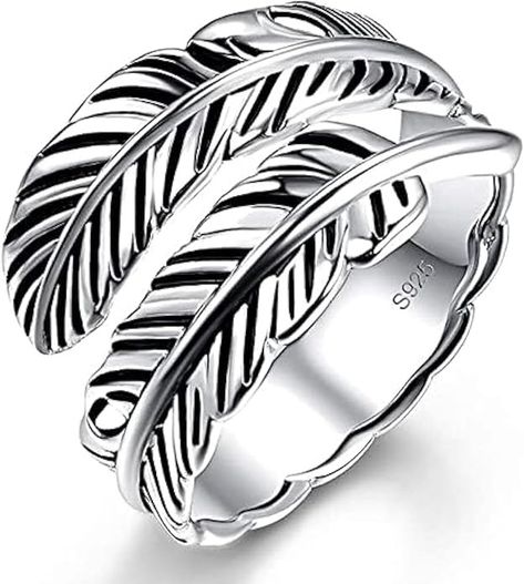 Amazon.com: AVECON 925 Sterling Silver Ring Adjustable Feather Ring Stacking Ring Vintage Statement Ring for Women & Men: Clothing, Shoes & Jewelry Feather Ring Silver, Sterling Silver Spoon Ring, Silver Spoon Ring, Feather Ring, Style Punk, Silver Feather, Black Onyx Ring, Leaf Ring, Turquoise Rings