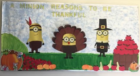 Minion Thanksgiving Bulletin Board Minion Thanksgiving, Thanksgiving Bulletin Board Ideas, Thanksgiving Bulletin Board, November Bulletin Boards, Birthday Board Classroom, Thanksgiving Bulletin Boards, Work Bulletin Boards, Board Classroom, Thanksgiving Classroom