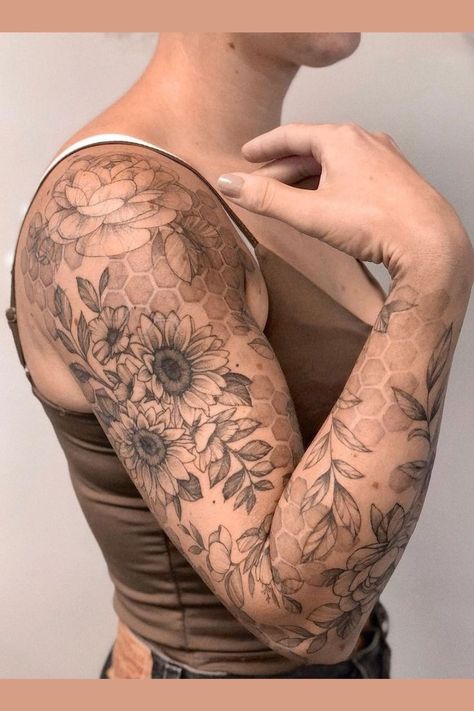 Big Flower Sleeve Tattoo, Farm Theme Tattoo Sleeve, Women’s Tattoo Sleeve Filler, Body Journal, Sleeve Filler, Unique Half Sleeve Tattoos, Tattoo Sleeve Filler, Arm Sleeve Tattoos For Women, Quarter Sleeve Tattoos