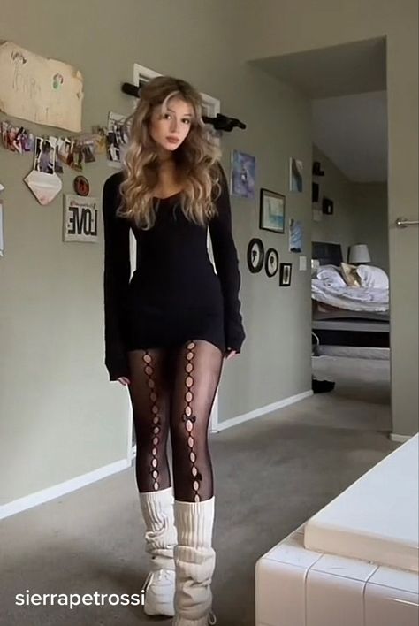 How To Style A Choker, Sweater Dress Outfit Aesthetic, Lace Tights Outfit Grunge, Concert Outfit Ideas Colorful, Torn Stockings Outfit, Goth Dress Outfit Ideas, Ribbon Tights Outfit, Mini Skirt Outfit Ideas Winter, Minidress Tights Outfit