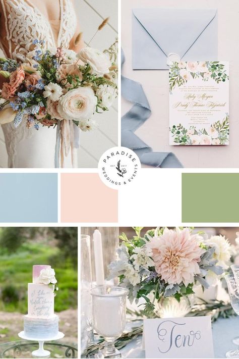 Baby pink and blue, with white and olive green light colors Light Blue Pink And Green Wedding, Light Blue Pink Wedding, Blue Green And Pink Wedding, Baby Blue And Pink Wedding, Blue Pink Green Wedding, Pink Blue Green Wedding, Wedding Color Schemes Spring, Olive Green Weddings, Wedding Color Scheme