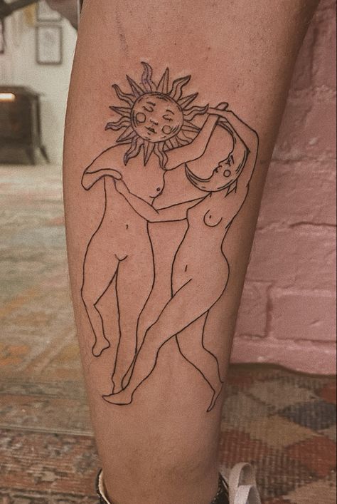 Sun Moon Woman Tattoo, Sun And Moon Dancing Tattoo, Dancing Moon Tattoo, Dancing Sun Tattoo, Sun Lady Tattoo, Nude Lady Tattoo Design, Moon Head Tattoo, Dancing Lady Tattoo, Woman Dancing Tattoo