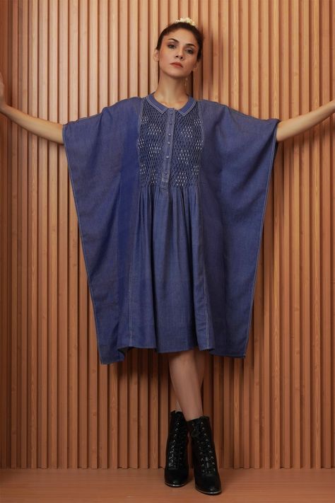 Denim Dresses Online, Kaftan Style Dresses, Denim Embroidery, Kaftan Style, Blue Hand, Colored Denim, Collar Dress, Dress For Women, Embroidery Thread