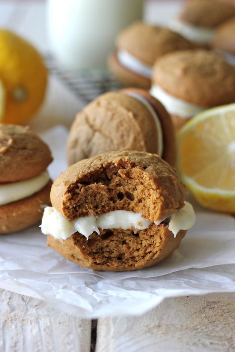 Gingerbread Whoopie Pies - The classic gingerbread cookie is reinvented with the most luscious, most decadent lemon cream cheese filling! Gingerbread Whoopie Pies, Lemon Cream Cheese Filling, Poppy Seed Cookies, Sandwich Biscuits, Lemon Cream Cheese, Whoopie Pie, Lemon Filling, Whoopie Pies, Gingerbread Cookie