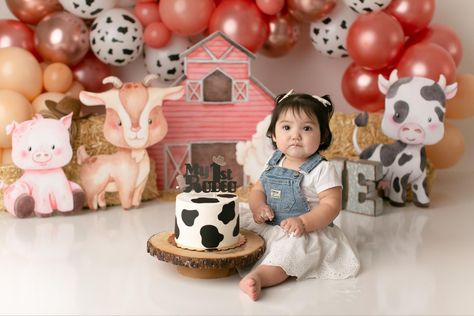 Pink farm cake smash Cakesmash Photoshoot Themes, Cake Smash Cowgirl, Farm Cake Smash, Cowgirl Smash Cake Pictures, Farm Theme Cake Smash, Farm Animal First Birthday Photoshoot, Cowgirl Smash Cake First Birthdays, Pink Farm Photoshoot, Farm Cake Smash Photography