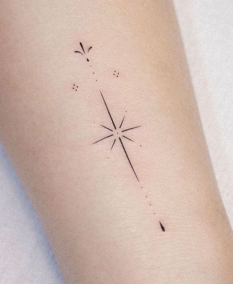 Ornamental Tattoo Stars, North Star Tattoo Sternum, Simplistic Star Tattoo, Minimal North Star Tattoo, Tree And Stars Tattoo, Fine Line Symbol Tattoo, Sternum Line Tattoo, Delicate Fine Line Tattoo, Ornamental Star Tattoo