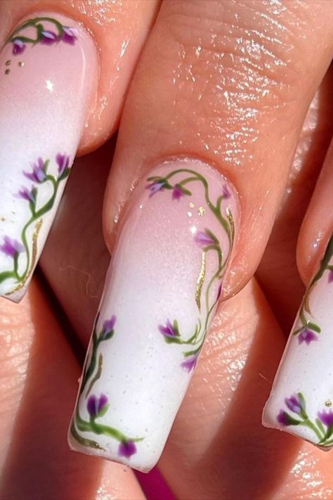 Spring Theme Nails Acrylic, Enchanted Garden Nail Designs, Vine Acrylic Nails, Delicate Flower Nails, Garden Themed Nails, Enchanted Forest Theme Nails, Enchanted Garden Nails, Fairy Themed Nails, Forest Fairy Nails