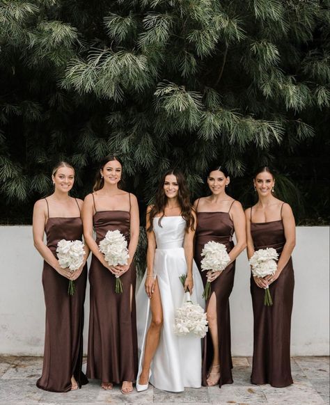 Brown Gown Outfit, Neutral Brown Wedding Colors, Bridesmaids Brown Dresses, Espresso Bridesmaid Dresses, Brown And Black Wedding Theme, Dark Champagne Bridesmaid Dresses, Nude Dress Outfit Wedding, Dark Brown Bridesmaid Dresses, Brown And Gold Wedding Theme