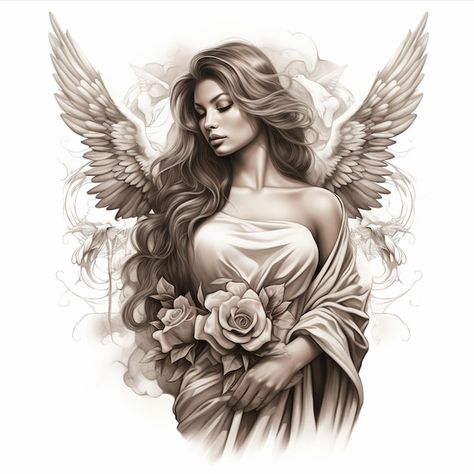 Ángel con alas imagen negra y blanca | Premium Photo #Freepik #photo #arcangel #ilustracion-vectorial #tatuaje-vector #ilustracion-mujer Father Tattoos, Angel Tattoo Designs, Face Reference, Angel Tattoo, Birds Tattoo, Angel Art, Premium Photo, Drawing Ideas, Color Me