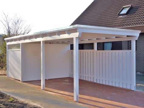 Diy Enclosed Carport Ideas, Car Ports With Storage, Flat Roof Carport Ideas, Carport With Storage On Side, Car Port Extension, Pergola Carport Front Of House, Detached Carport Ideas, Caravan Carport, Attached Carport Ideas