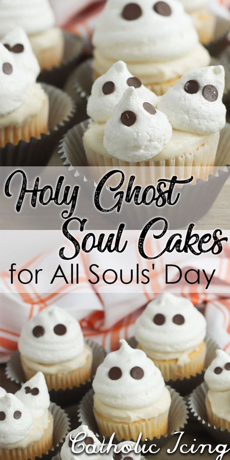 These Soul Cakes are so perfect for celebrating All Souls' day! These cute little ghost cupcake toppers are made from meringue cookies and are totally edible! These are easy and cute and your kids will love them! #allsoulsday #soulcakes #holyghost #catholickids #allsouls #catholicfamilies #liturgicalliving Soul Cakes Recipe Catholic, All Saints Day Treats, Soul Cakes Recipe, Catholic Halloween, Soul Cakes, Christian Food, Cake Song, Liturgical Living, Soul Cake