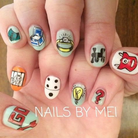 Monopoly nail art, someone really loves that game! Board Game Nails, Monopoly Nails, Game Nails, Kid Nails, Collab Ideas, Girl's World, 2024 Nails, Awesome Nails, Tablescape Inspiration