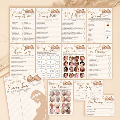 Free eBay listing template designed by dewiso.com BABY SHOWER GAMES - TEDDY RANGE IMPORTANT: This is a multi-listing on which you can can purchase from a selection of games, you will NOT receive everything on the listing. Please choose the item you wish to purchase by dropping down the selection box and clicking on it. If you do not choose an item you will be sent an item that eBay automatically choose for you. Teddy range. This unisex range features a cute teddy bear asleep on the moon surrounded by stars. These games are neutral colours of brown, beige and creams. This is a list of baby shower games from our cute Teddy Range; Baby Bingo - 10 or 20 players. Each Pack contains; Bingo Sheets and 60 x Card Calling Slips. Size A5 lightweight card. Bump or Beer - Can your guests guess if these Teddy Bear Gender Reveal Games, Baby Shower Game Prizes, Gender Reveal Games, Bingo Sheets, Baby Bingo, Number Stickers, Unique Baby Shower, Cute Teddy Bears, Baby Feet