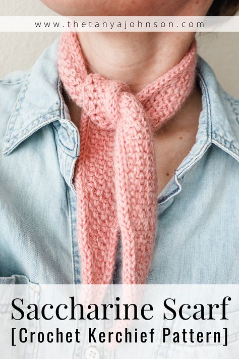 This sweet little crochet scarf is the perfect accessory to finish off your look. Sport it around your neck, head, ponytail, waist, tote, purse, or bag. Drape it, wrap it (once or twice), knot it, loop it, or tie it in a bow. Cotton Scarf Pattern, Neck Kerchief, Kerchief Headband, Kerchief Pattern, Crochet Kerchief, Kerchief Hair, Crochet Bandana, I Cord, Ribbon Belt