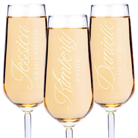 PRICES MAY VARY. BRIDESMAID GIFTS: Elevate your wedding celebration with these elegant toasting flutes, ideal for expressing gratitude to your bridesmaids and groomsmen. Personalize the champagne flutes with various titles, including bridesmaid, maid of honor, matron of honor, bride, groom, groomsmen, and more. Make each flute a cherished memento of your special day. Elevate unforgettable moments with a perfect touch: These sleek and contemporary champagne flutes make for a truly unique gift for Customized Champagne Flutes, Thank You Gifts For Bridesmaids, Useful Bridesmaid Gifts From Bride, Day Of Wedding Bridesmaid Gifts, Bach Gifts, Elegant Bridesmaid Proposal, Bachelorette Party Champagne, Champagne Bachelorette Party, Champagne Glasses Wedding