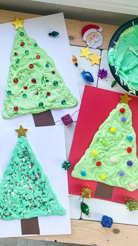 Christmas Shaving Cream Activities, Puffy Paint Christmas Tree, Puffy Paint Christmas Crafts, Puffy Paint Art, Shaving Cream And Glue, Cookie Sprinkles, Shaving Cream Painting, Paint Trees, Preschool Crafts Fall