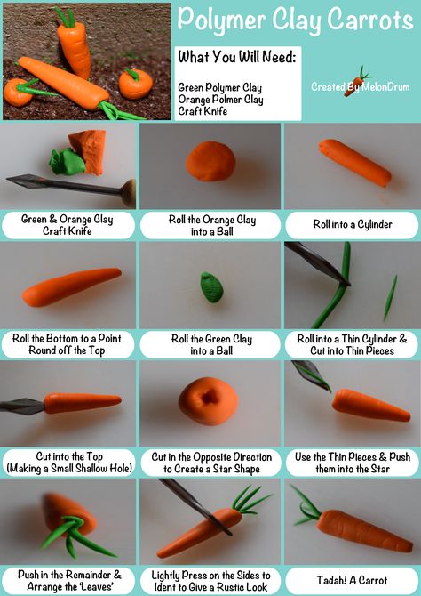 Polymer Clay Carrot Tutorial #Polymer #Carrot #Tutorial Polymer Clay Carrot, Carrot Fondant Topper, Bread Polymer Clay Tutorial, Clay Carrot, Mini Clay Vegetables, Polymer Clay Crafts Diy Miniature Food, Horse Food, Horse Cake, Polymer Clay Ornaments