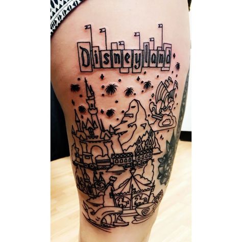 Disneyland Tattoo Sleeve, Disney Filler Tattoo, Disneyland Castle Tattoo, Disneyland Tattoo, Tattoo Duo, Americana Tattoo, Paris Tattoo, Disney Sleeve, Castle Tattoo