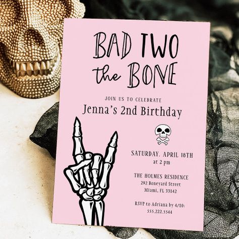 Pink And Black Bad Two The Bone 2Nd Birthday Party Invitation #zazzle #weddinginvitations #birthdayinvitations #babyshowerinvitations #zazzleinvitations #monogram #businesscards #graduation #homedecor Two Theme Birthday Party, Girly Second Birthday Party, 2nd Birthday Theme Ideas Girl, Second Birthday Party Themes Girl, Twin 2nd Birthday Party Themes, Two Year Old Bday Themes, Simple 2nd Birthday Party For Girl, Bad To The Bone Birthday Party Girl, Twin 2nd Birthday Ideas