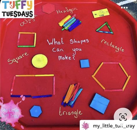 Eyfs Enhanced Provision, Shape Tuff Tray Ideas, Year 2 Provision, Shapes Tuff Tray, Eyfs Maths Display, Eyfs Maths Activities, Tuff Table, Maths Stations, Continuous Provision Year 1