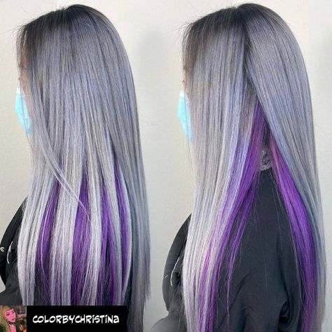 Marty Thompson on Instagram: “Icy Silver w/ Purple Peekaboos 🔪 . . . . . Reposted from @colorbychristina Icy Silver w/ Purple Peekaboos 🔪 Used all @wellahair for…” New Hair Color Trends, Lavender Hair, New Hair Colors, Trends 2024, Hair Color Trends, Color Trends, New Hair, Hair Wrap, Dreadlocks