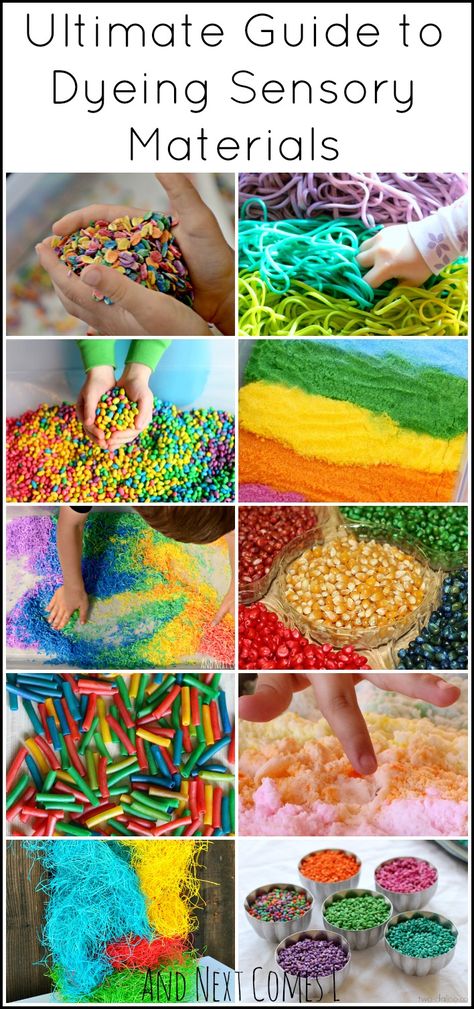 Rainbow sensory play guide: how to dye sensory bin fillers from oats to rice to salt from And Next Comes L Sensory Bin Fillers, Sensory Materials, Rainbow Sensory, Sensory Tubs, Sensory Boxes, Sensory Bottles, Sensory Table, Kids Sensory, Sensory Bin