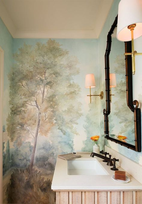 Kelley Flynn designed bathroom with gorgeous Barringtons Rich mural by Susan Harter. Peaceful Timeless Trompe-l'oeil Wall Murals to Inspire as well as breathtaking design inspiration. Susan Harter, French Country Bathroom, Wallpaper Bathroom, Scenic Wallpaper, Powder Room Design, Bathroom Design Inspiration, Classic Bathroom, Furniture Office, Trendy Bathroom